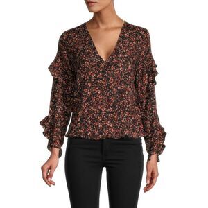 Max Studio Floral Print Ruffle Top Womens L 70's boho bell sleeve